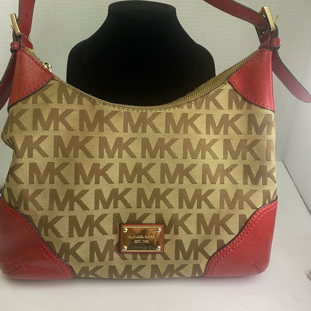 Michael Kors Red Brown Shoulder Bag with Signature Design